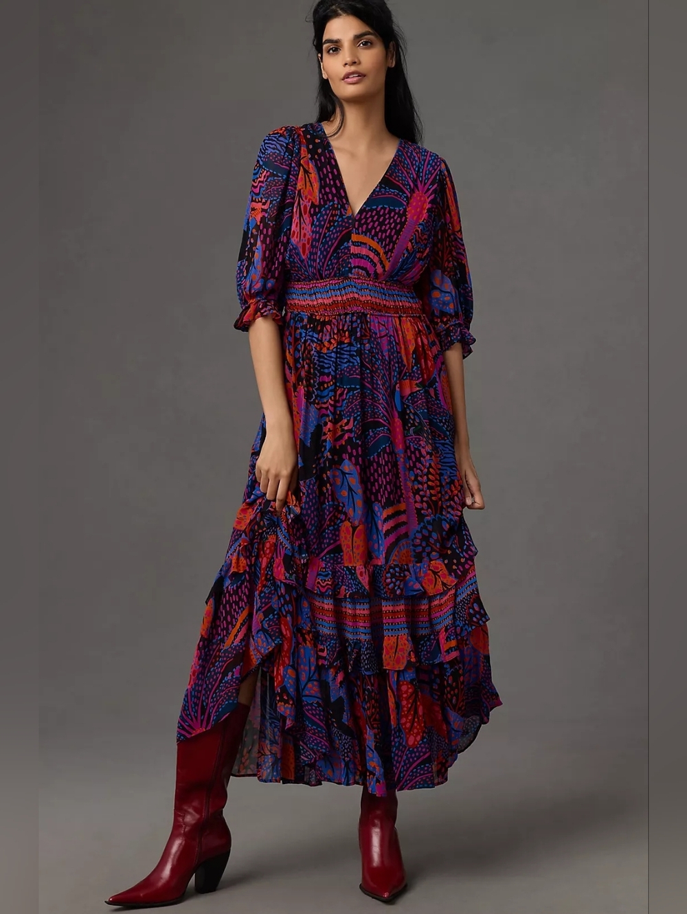 Farm Rio X Anthropologie  Short-Sleeve V-Neck Tiered Ruffled Midi Dress